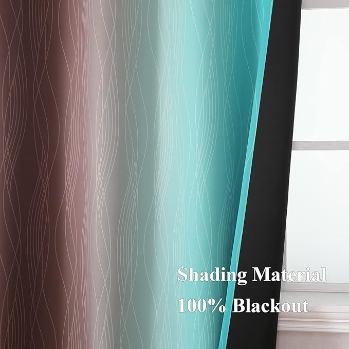 Estelar Textiler Full Room Darkening Gradient Blackout Curtains 96 Inch Length 2 Panels Set, Ombre Teal and Brown Thermal Insulated Full Light Blocking Grommet Blackout Drapes for Bedroom, 52Wx96L