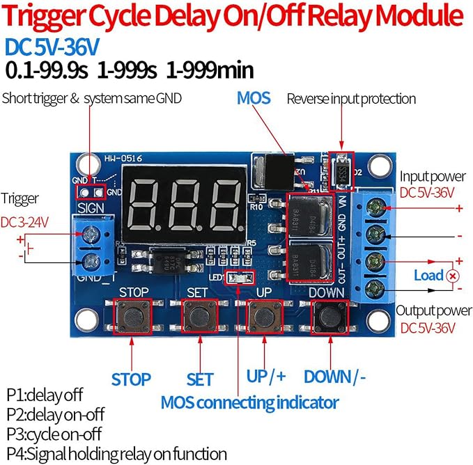 Programmable Cycle Timer Relay Module Digital LED Display DC5V to 30V Delay - Image 4