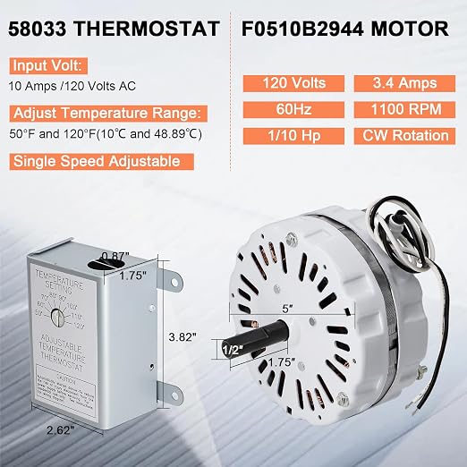 Hiorucet F0510B2944 F0510B2705 Attic Fan Motor & 120V Adjustable Thermostat - Image 3