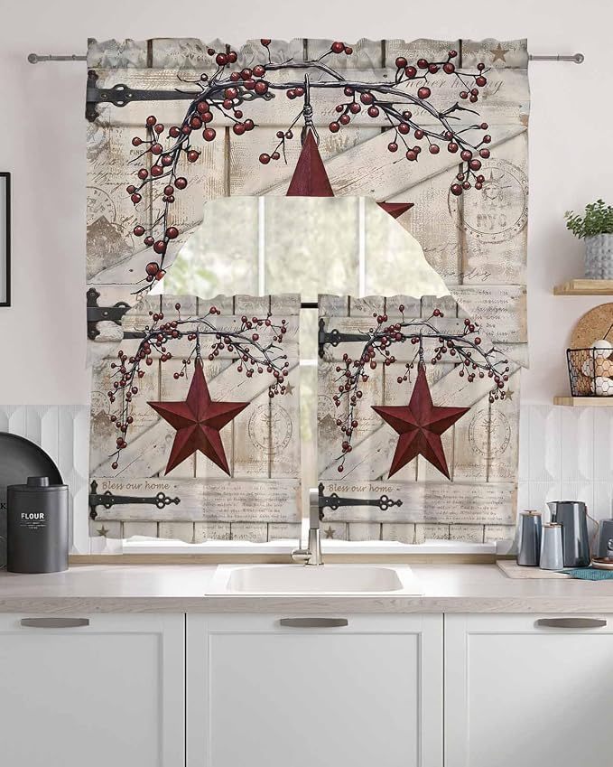 Village Stars Swag Kitchen Curtains Valance and Tier Set, Vintage Dark Red Star - Image 2
