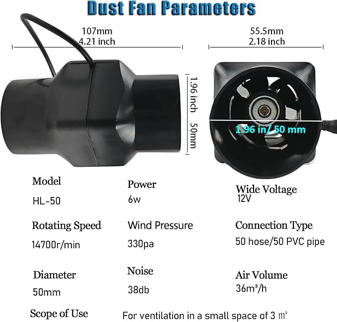 2 Inch Inline Duct Fan with Speed Controller 12V 6w Air Cooling Exhaust Blower - Image 2