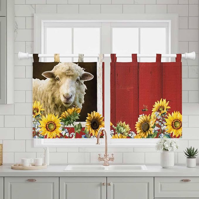 Sheep Flowers Kitchen Curtains 36 Inch Length, Small Window Curtains Tab Top - Image 3