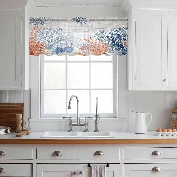 Ocean Corals Sheer Valance Curtains, Summer Beach Coral Sea Stars Wood Grain - Image 2