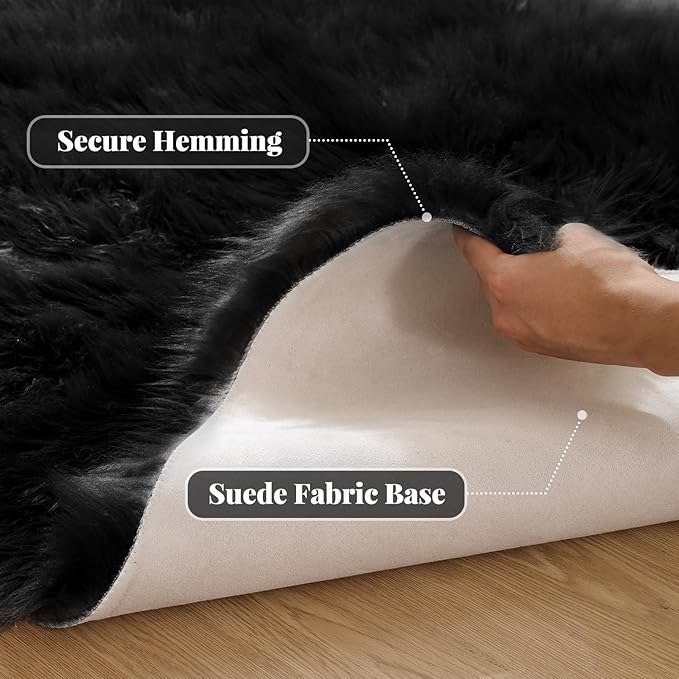 ORINOVA Black Fuzzy Living Room Washable Area Rugs for Bedroom Shag Circle Faux Sheepskin Furry Fur Round Rug 5ft Nursery Rug