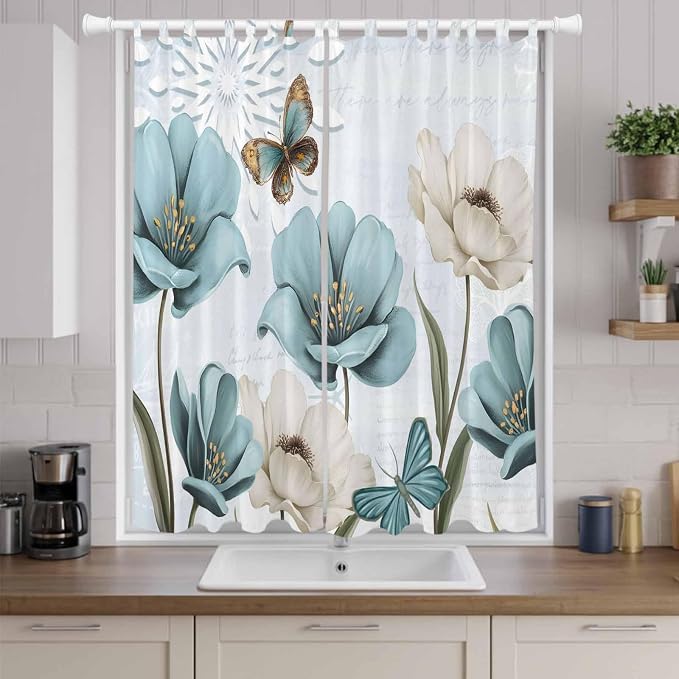 Blue Tulips Living Room Curtains 96 Inch Length, Window Curtains Tab Top - Image 9