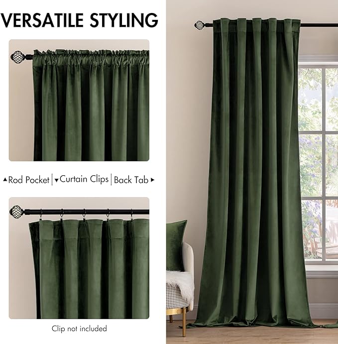 MIULEE Velvet Curtains 100 inches - Luxury Blackout Curtains for Bedroom Living Room Thermal Insulated Super Soft Window Drapes Rod Pocket & Back Tab, Olive Green, W52 x L100 inches, 2 Panels