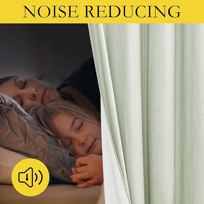 NICETOWN Sage Green Blackout Linen Curtains 95 inches Long, 2 Pieces, 52" Wide Each Panel, Bronze Grommet Full Light Blocking Drapes with White Thermal Insulated Coating for Nursery, Hall, Villa