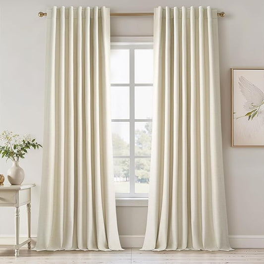 95 Inches Length Cream Colored Custom Blackout Linen Curtains Ivory Cream Pinch Pleated Noise Cancelling Curtains with Pin Hooks for Traverse Burlap Viral Drapes 2 Panels for Living Room Bedroom