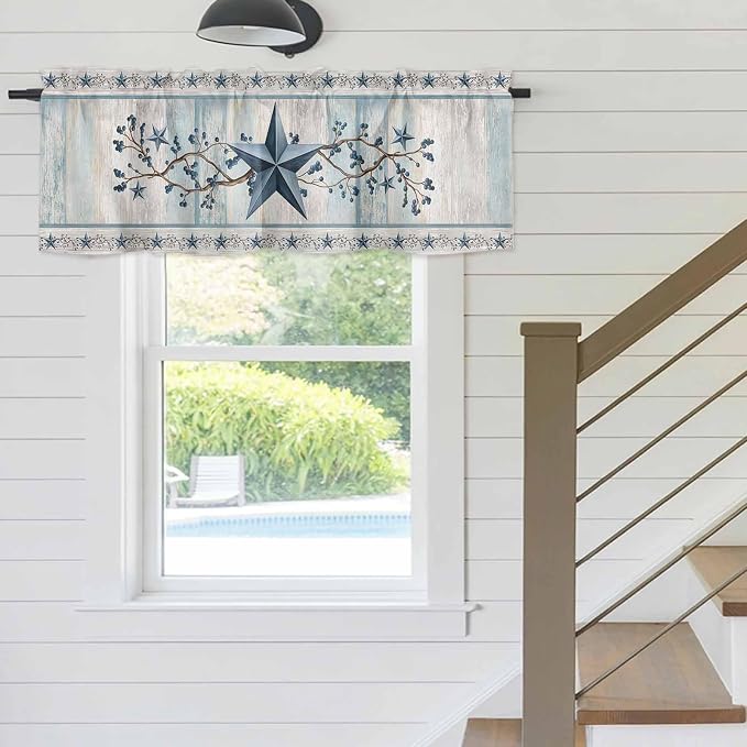 Blue Texas Star Valances for Windows, Vintage Star Berry Blue Beige Wood Grain - Image 5