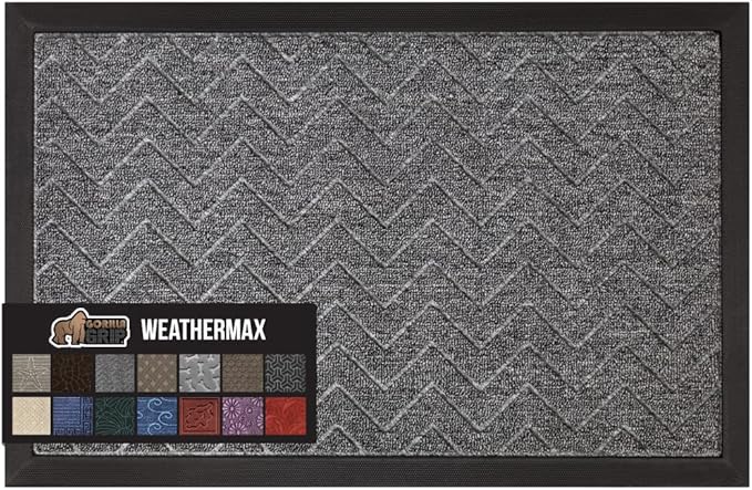 GORILLA GRIP 100% Waterproof All-Season WeatherMAX Doormat, 47x35, Durable Natural Rubber, Stain and Fade Resistant, Low Profile, Indoor Outdoor Door Mats, Easy Clean Patio Entrance Mat, Steel Chevron
