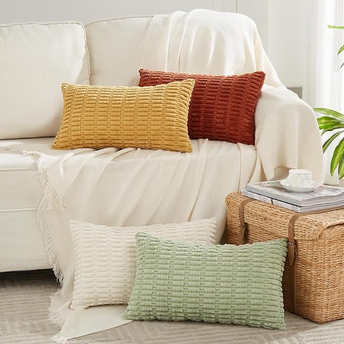 Fancy Homi 4 Packs Fall Boho Long Lumbar Decorative Throw Pillow Covers 14x24 Inch for Couch Bed Sofa, Aesthetic Modern Farmhouse Home Decor, Soft Striped Corduroy Rectangle Cushion Case 35x60 cm