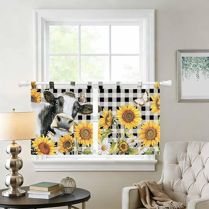 Retro Sunflowers Kitchen Curtains 24 Inch Length, Small Window Curtains Tab Top - Image 2