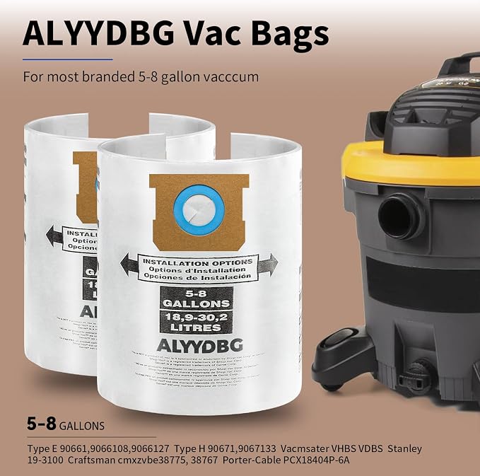 for Shop Vac Bags 5-8 Gallon, Type E 90661 9066133, Type H 90671 9067133; VF2004 - Image 2