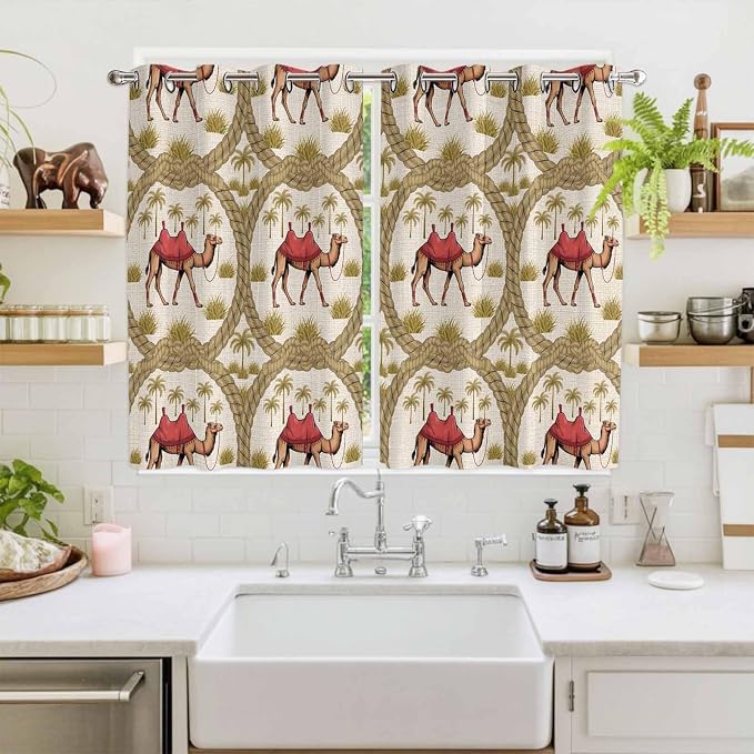 2 Panel Kitchen Cafe Curtains, Camels Palm Trees Sunlight Filtering Nature Air - Image 2