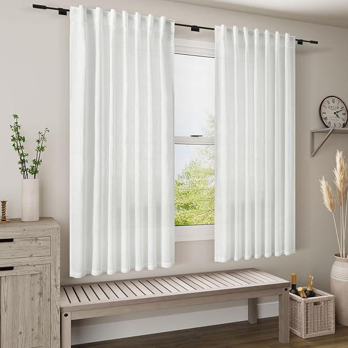 Nanspring White Linen Curtains for Living Room 2 Panels Set Neutral Modern Farmhouse Window Curtain for Bedroom 66 Inch Length Semi Sheer Light Filtering Privacy Back Tab Rod Pocket Drapes 52x66