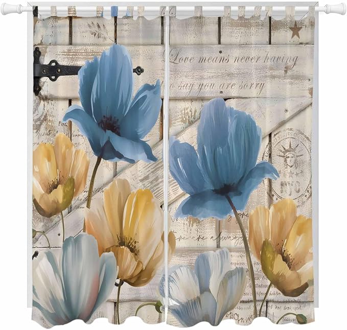 Blue Yellow Tulips Living Room Curtains 96 Inch Length, Window Curtains Tab Top by Unknown