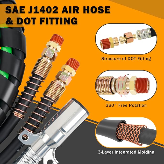 12FT Semi Truck Air Lines Kit 3IN1 Trailer Cord and Air Brake Hoses Assembly - Image 2