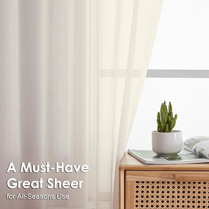 OVZME Cream Sheer Valances for Windows 14 Inch Length 2 Pcs, Light Filtering Short Kitchen Curtains, Top Dual Rod Pocket Small Curtains for Living Room Bedroom Basement, Each 42Wx14L Inches