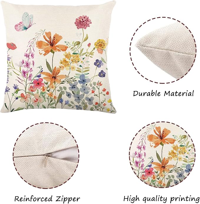 ONFAON Spring Decorations for Home - Spring Pillow Covers 18x18, Outdoor Pillow Covers Springtime Farmhouse Throw Pillow Cover Garden Linen Cushion Case for Home Decor