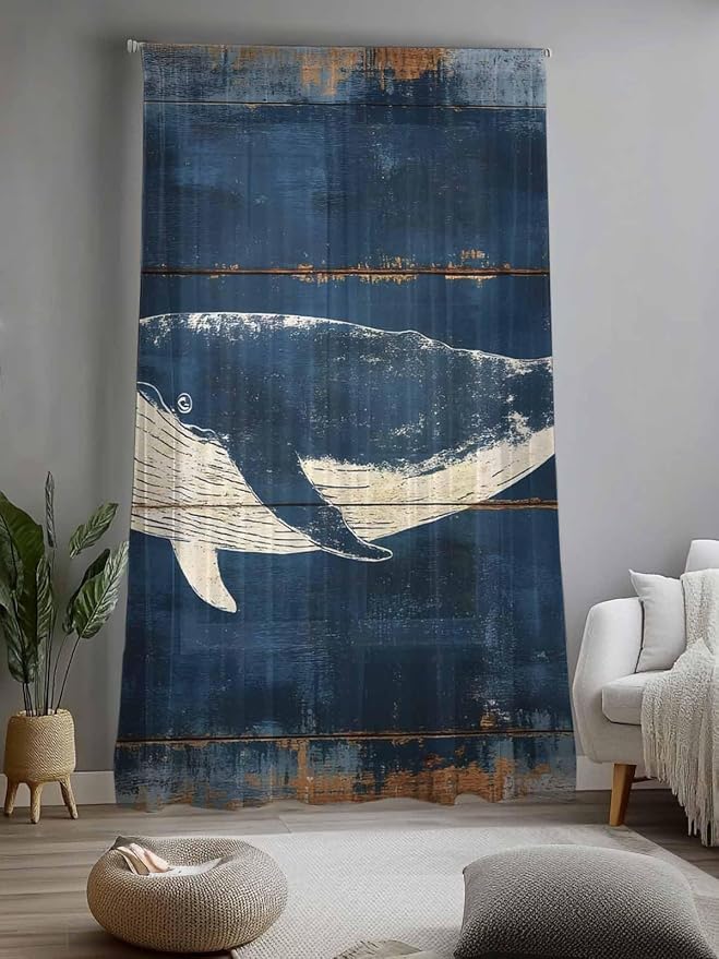 Sheer Curtains 108 Inches Long, Summer Whale Blue Semi Sheer Curtains Light - Image 2