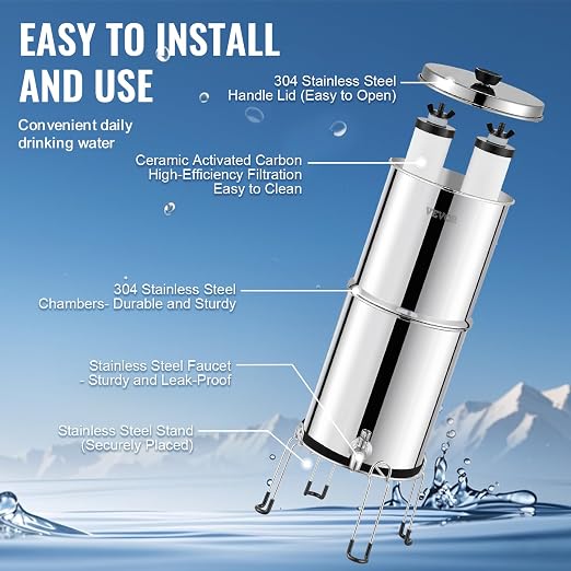 VEVOR Gravity-fed Water Filter System, 2.25G 304 Stainless-Steel Countertop - Image 6
