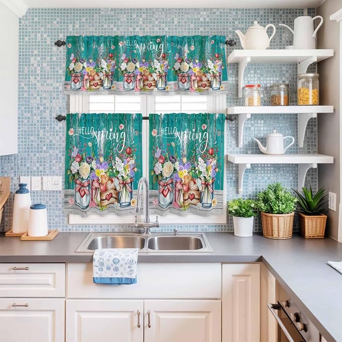 Spring Flowers Kitchen Curtain Set, Farmhouse Watercolor Teal Wood Grain Window - Image 6