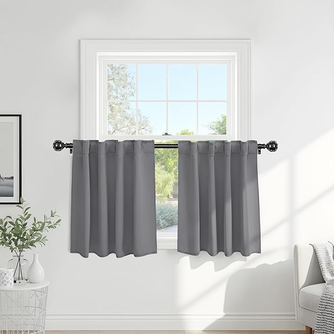 Pony Dance Short Curtains Half Window Curtains for Kitchen,Small Drapes for Bathroom Window, Wide 29 x Long 24 inches per Panel, Silver Grey, Set of 2