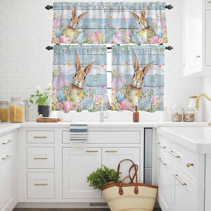 Kitchen Curtains Tiers and Valance Set of 3, Easter Light Filtering Window - Image 3