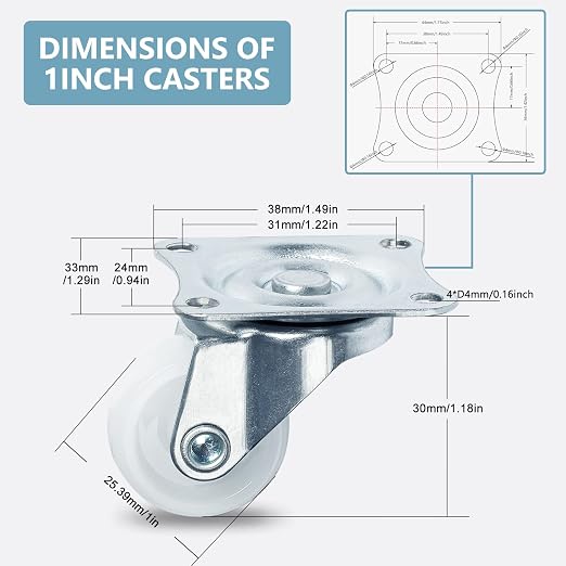 1" Low Profile Caster Wheels Set of 4, No Noise Casters - Image 2