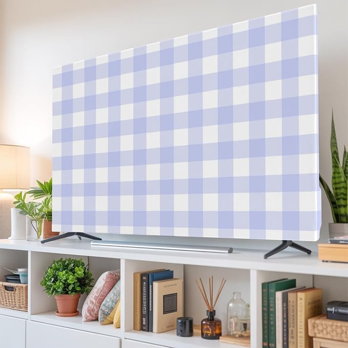 Minimalist Lavender Gingham Plaid Indoor TV Cover, Elastic TV Screen Protector by Unknown