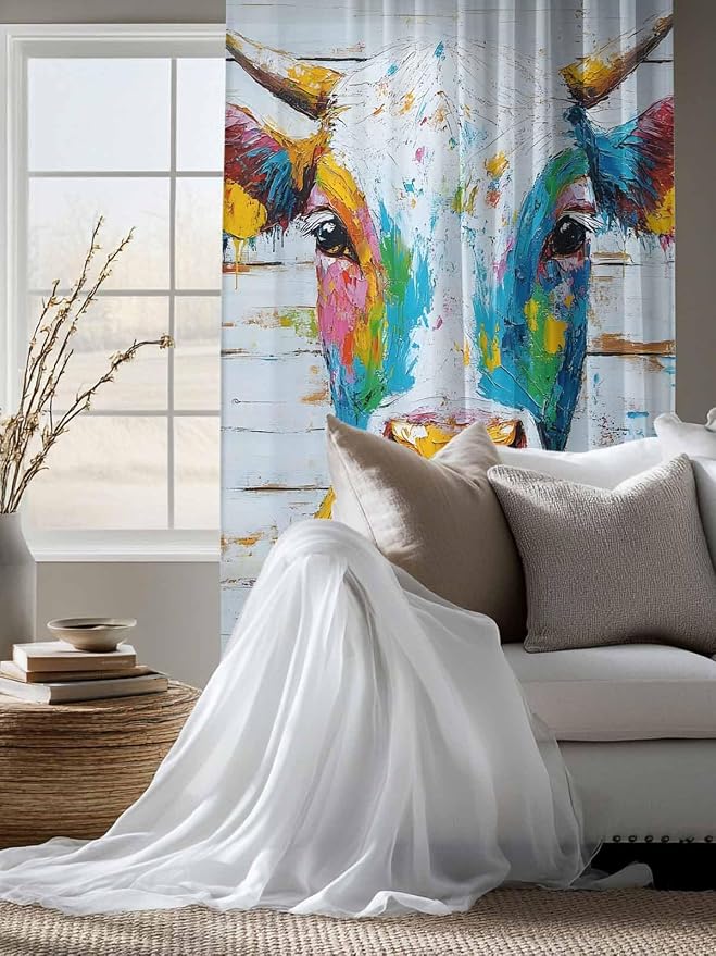 Sheer Curtains 63 Inch Length, Funny Colorful Cow Semi Sheer Curtains Light - Image 4