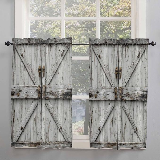 Vintage Gate Tier Curtains 45 Inches Long, Farmhouse Wooden Grain Shabby Chic - Image 2