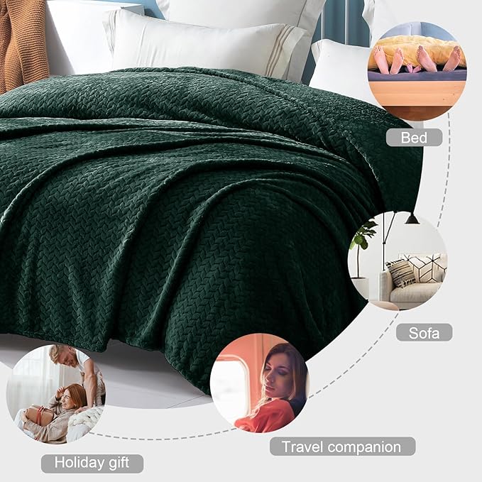 Exclusivo Mezcla Fleece Twin Size Blanket for Bed, 60x80 Inches Soft Cozy Jacquard Flannel Blankets, Lightweight Fuzzy Plush Warm for Women, Forest Green