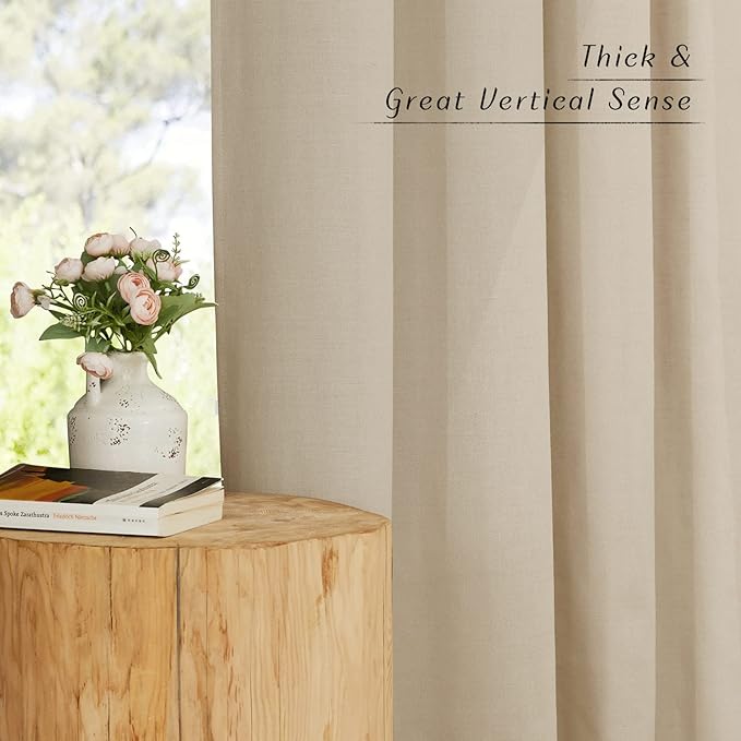 NICETOWN Rustic Linen 102 inch Long Curtains for Living Room, Grommet Privacy Added Thick Linen Weave with Light Filter Window Curtains & Drapes for Bedroom, Angora, W55 x L102, 2 Panels
