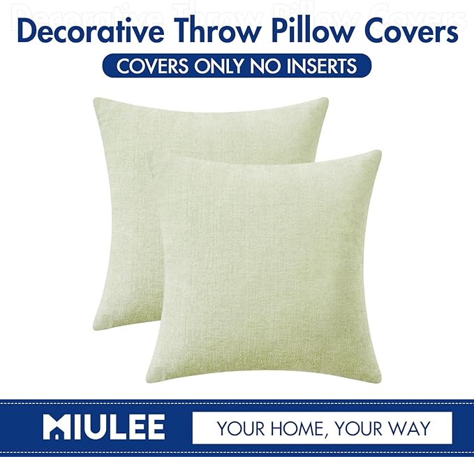 MIULEE Pack of 2 Spring Light Green Couch Throw Pillow Covers 18x18 Inch Soft Chenille Pillow Covers for Sofa Living Room Solid Dyed Pillow Cases
