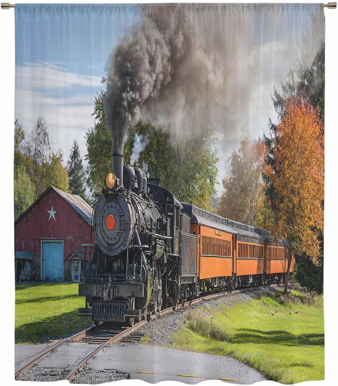 Steam Train Sheer Curtains 96 Inch Length Railroad Country Barn Rustic Trees - Image 6