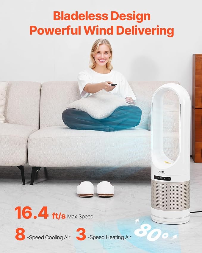 VEVOR Tower Fan Bladeless, 16.4ft/s Velocity Floor Fan - Image 5