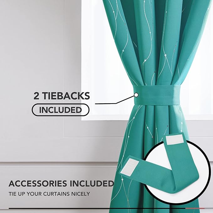 Deconovo Blackout Curtains, Thermal Insulated Soundproof Grommet Drapes, Wave Dots Silver Print, 52 x 63 Inch, Set of 2, Machine Washable Panels for Kitchen Bedroom Living Room Nursery, Turquoise