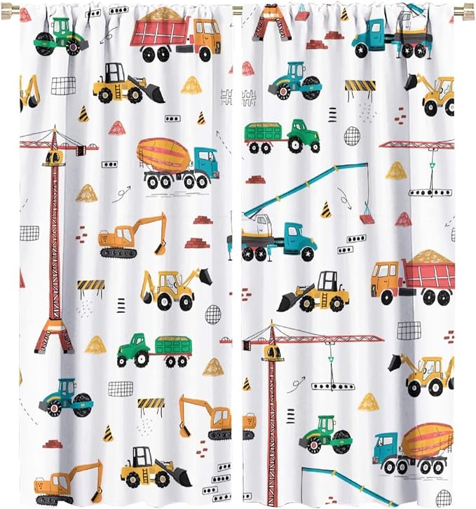 Construction Window Curtains, Kids Cartoon Construction Machines Building Hand by SHElifestyle