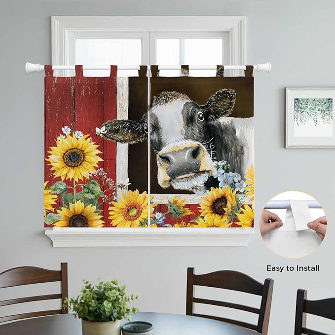 Cows Sunflowers Bedroom Curtains 63 Inch Length, Window Curtains Tab Top - Image 4