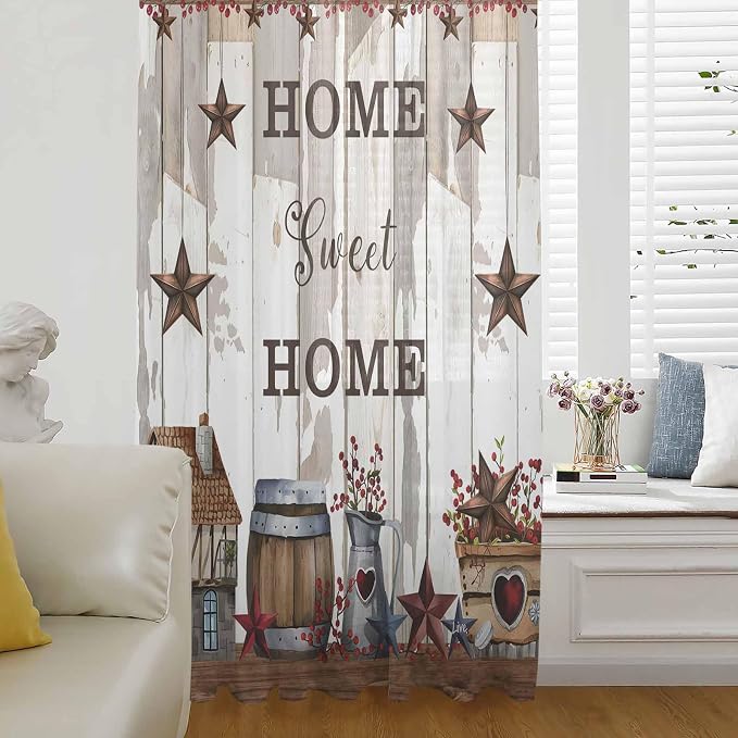 Farmhouse Sheer Curtains 45 Inch Length Retro Country Star Berry Vintage Wood by Unknown