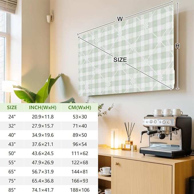 Sage Green Plaid White Lattice Flower Indoor TV Cover, Elastic TV Screen - Image 3