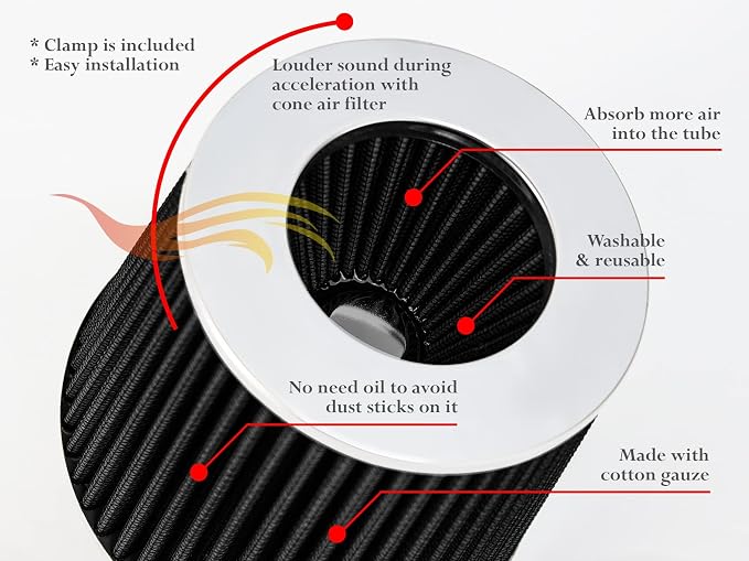 BLACK 3.5" 89 mm Inlet Truck Air Cone Replacement Performance Washable Clamp-On - Image 8