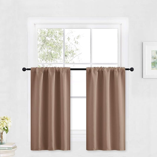 RYB HOME Blackout Cafe Curtains 30 inch Length, Short Light UV Heat Blocking Energy Saving Privacy Curtain Tiers for Basement Bathroom Kitchen Window, Width 29 by Length 30, Mocha, 2 Panels