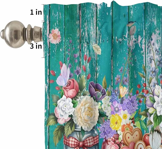 Spring Flowers Kitchen Curtain Set, Farmhouse Watercolor Teal Wood Grain Window - Image 5
