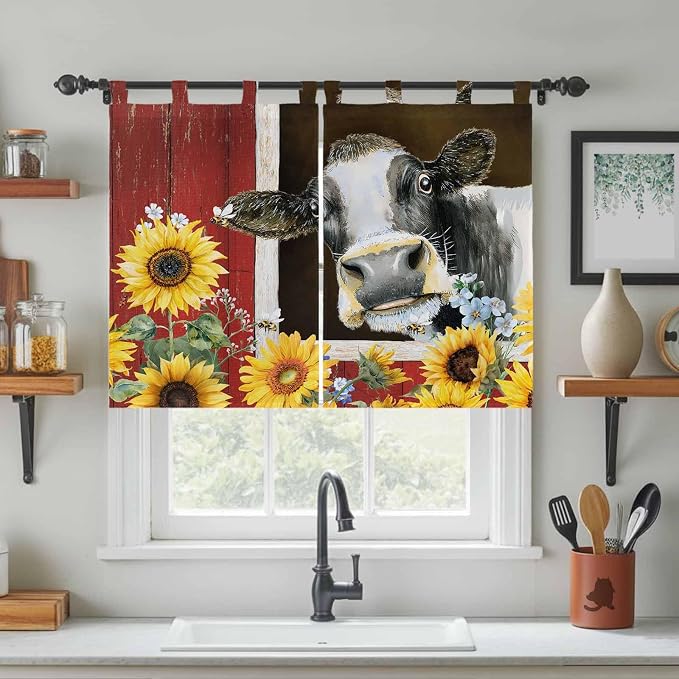 Cows Sunflowers Bedroom Curtains 63 Inch Length, Window Curtains Tab Top - Image 3
