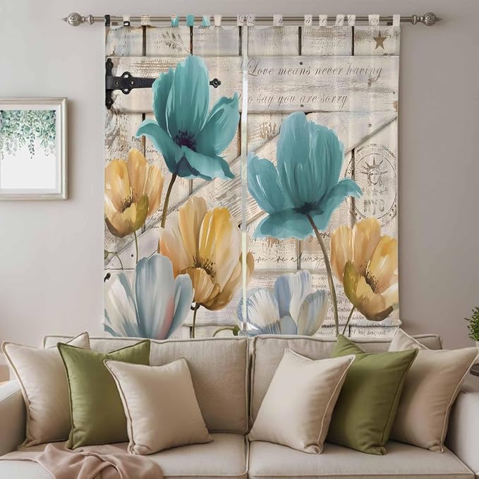 Watercolor Flowers Living Room Curtains 96 Inch Length, Window Curtains Tab Top - Image 3