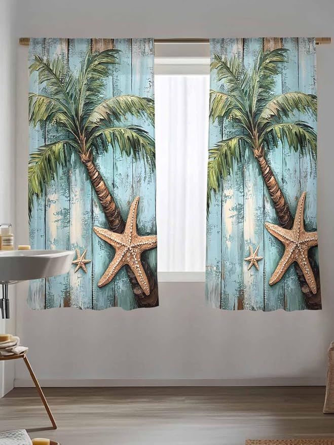 Sheer Curtains 63 Inch Length, Coastal Blue Green Tree Semi Sheer Curtains - Image 5