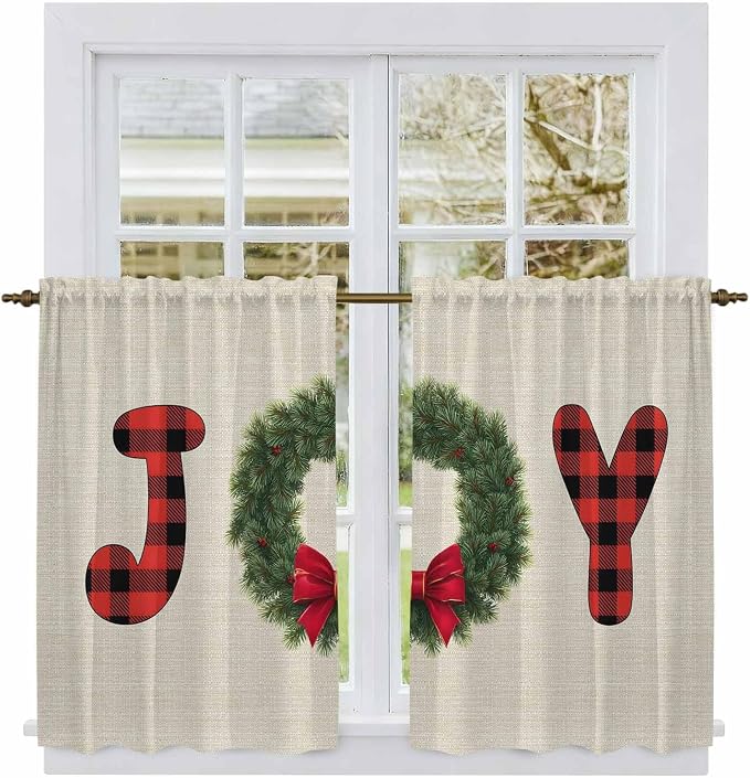 Red Green Christmas Kitchen Tier Curtains 45 Inch Long 2 Panel Set, Rod Pocket - Image 2