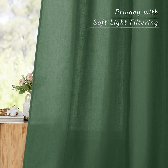 NICETOWN Olive Green Linen Kitchen Curtains 36 inch Length, Decorative Thick Flax Small Window Treatments Privacy Assured with Light Filtering for Bedroom/Bathroom, W55 x L36, 2 Panels